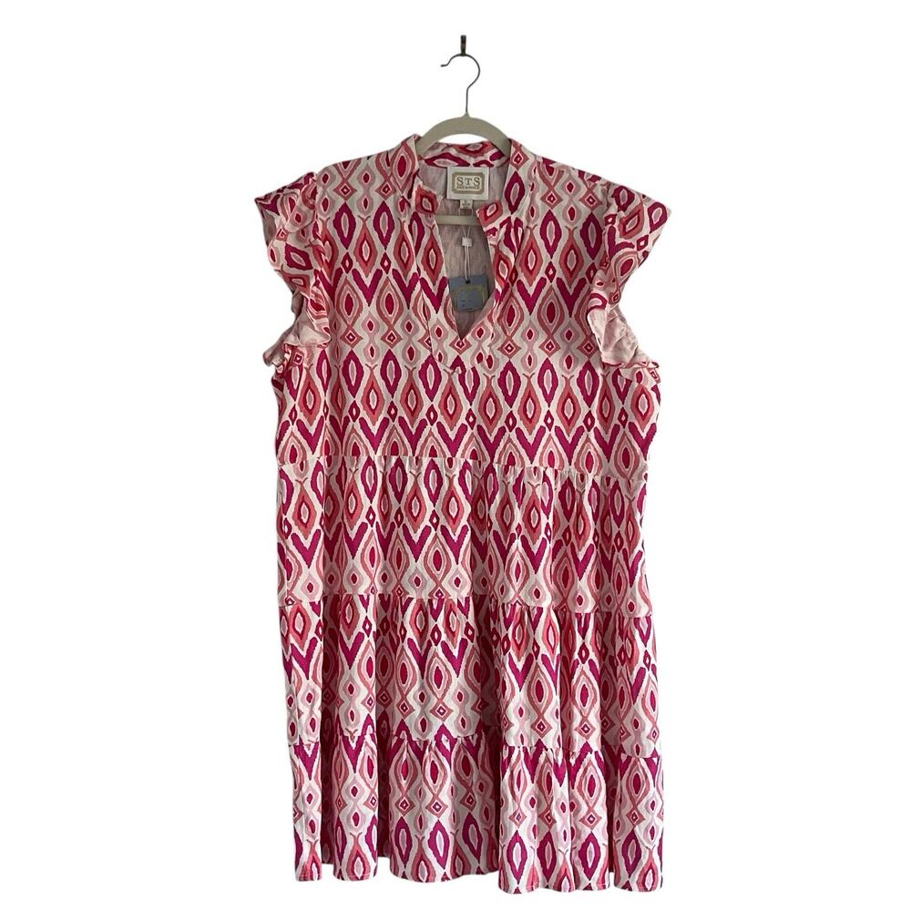 Sail to sable Linen blend tiered mini dress pink XL flutter sleeve Coastal chic - Picture 2 of 11